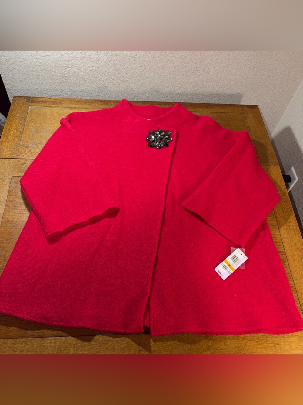 JM Collection Bright Red Open-Front Knit Cardigan with Black Accent